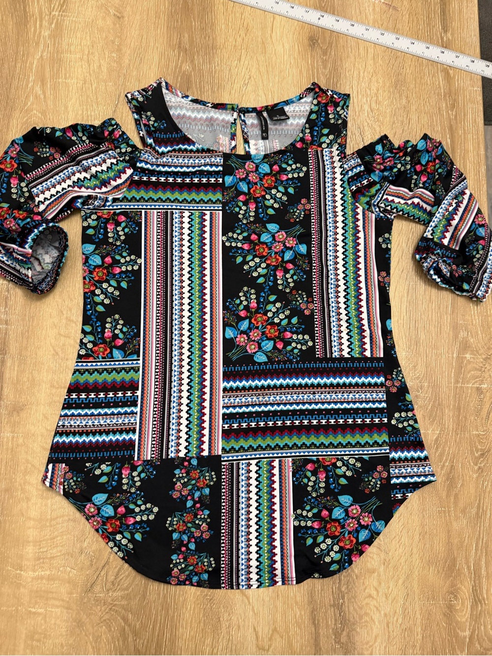 new directions Black Floral Patchwork Cold-Shoulder Blouse
